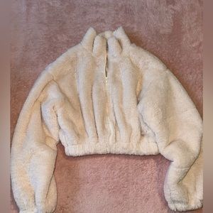 HoneyBum Womens Eggnog Teddy Cropped Zip Up Jacket Size Small